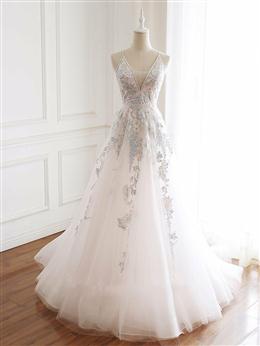 Picture of V-neckline Lace Applique Floor Length Party Dresses, Charming White Color Floral Formal Dresses